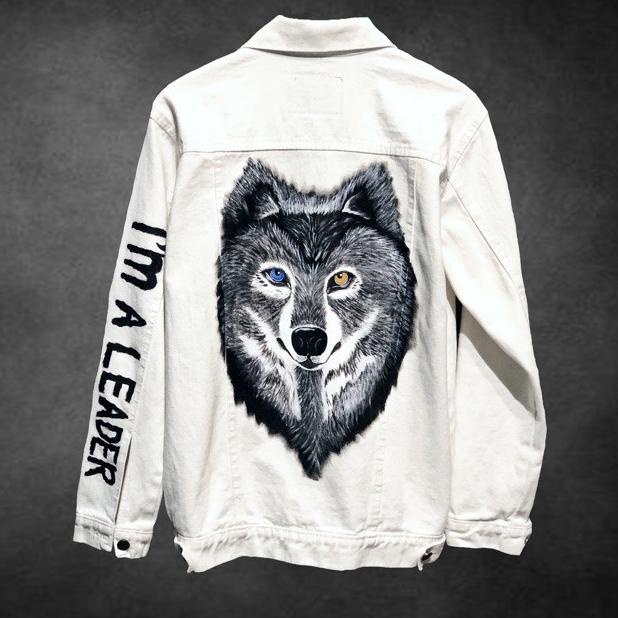 Jaket Jaket Jeans Denim Custom Lukis Wolf Gang White Putih Serigala OnoUpo Art