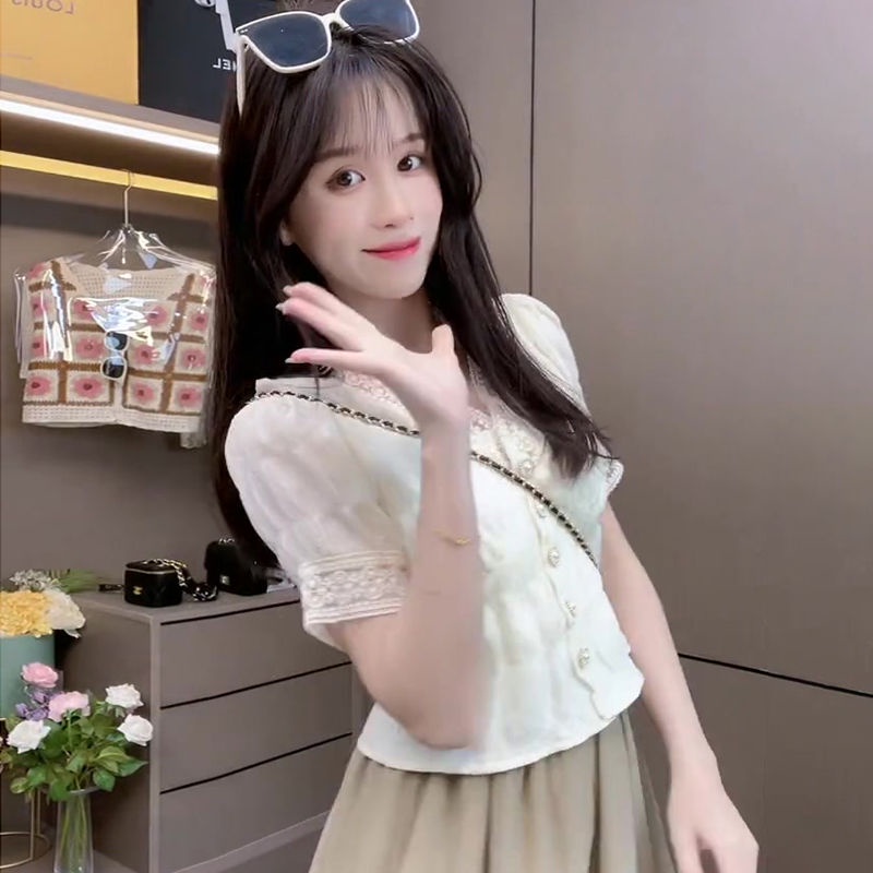 Red KIPAS/Retro V-Leher Renda Puff Lengan Wanita Musim Panas