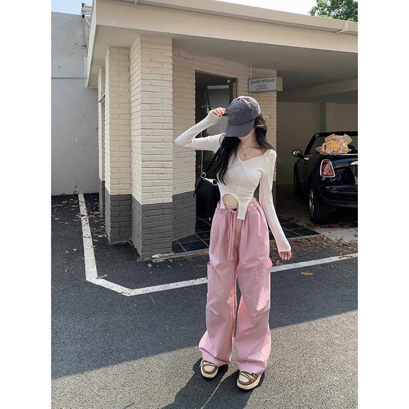 ﹊✧☾#COD Suhao sweet cool hot girl American retro tooling casual pants women s spring pink high waist loose straight wide leg pants trousers