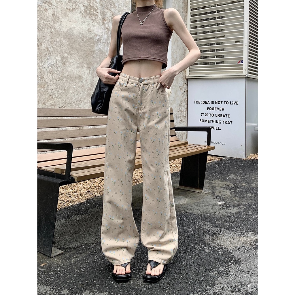 Slim retro aprikot bunga jeans lurus kasual wanita musim panas tinggi pinggang longgar lebar kaki celana mengepel celana