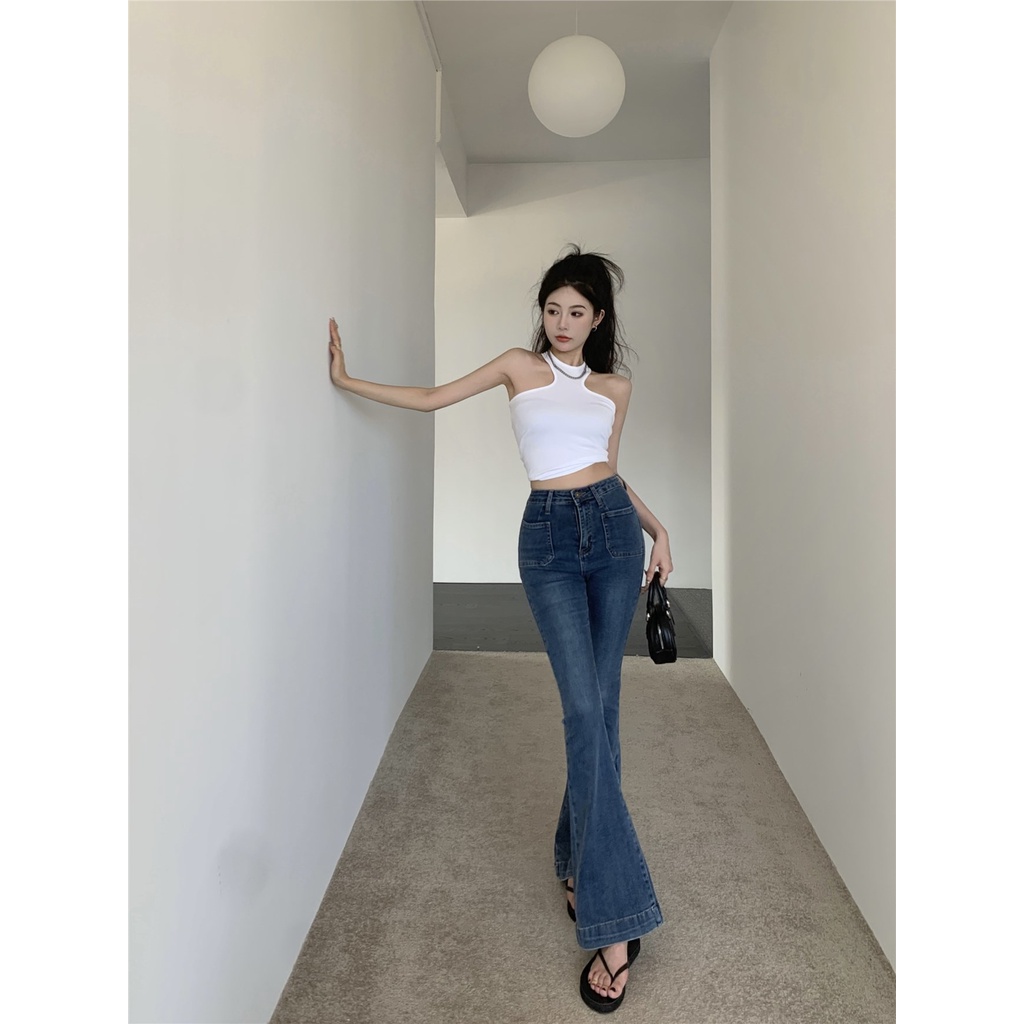 Celana jeans berpinggang tinggi retro gaya Hong Kong untuk wanita musim panas celana berkobar orang-orang kecil terlihat kurus dan semua pertandingan celana berkobar