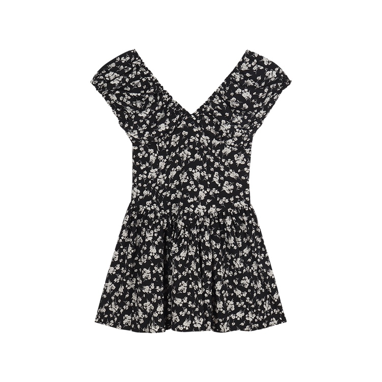 ❦♛☜Sweet babes floral sling dress peri musim panas Perancis hitam v-neck rok lengan engah rok kecil