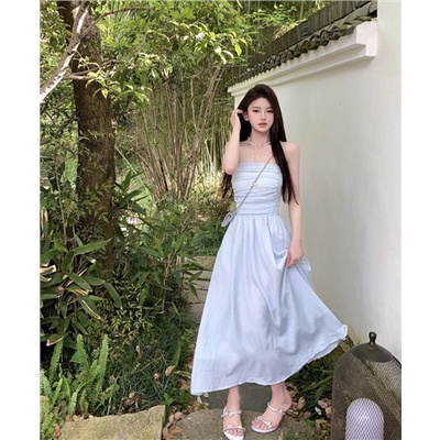 ❁∋┅Musim panas seksi one-shoulder tube top dress peri pinggang slim blue mid-length skirt rok temperamen lembut