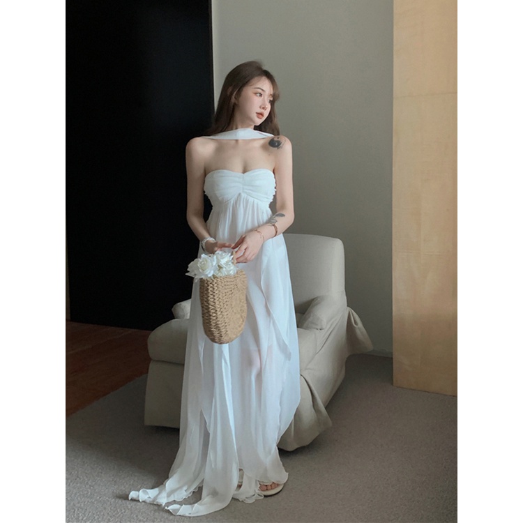 ♚○✽Putih one-shoulder halter neck tube top gaun peri musim panas murni keinginan rok tidak teratur high-end a-line rok panjang