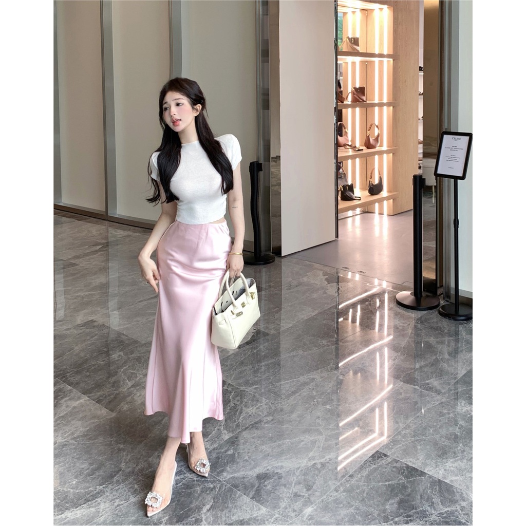 ☁ஐ▽#COD Suhao Pure Desire Wind Suit Lengan Pendek T-shirt Pendek Atasan Rok Musim Panas Wanita High Waist Sexy Bag Hip Skirt Two-Piece Set