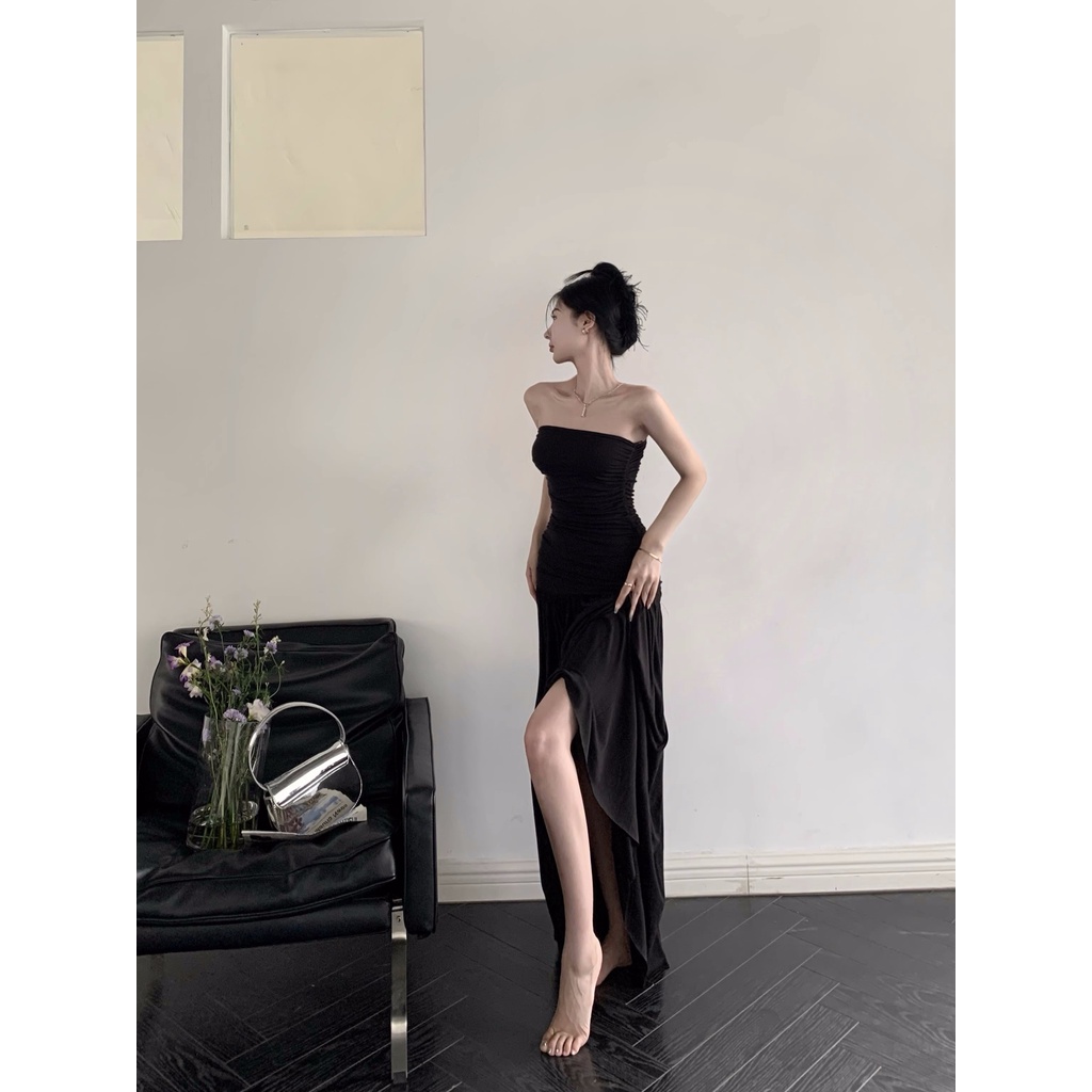 ◎Gaya Perancis hitam one-shoulder tube top dress wanita musim panas keinginan murni rok pinggang seksi slimming slim mid-length rok