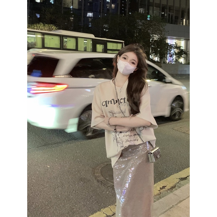 ▪♙♠#COD Suhao Korea huruf cetak T-shirt lengan pendek wanita musim panas rasa desain ceruk longgar kasual mid-panjang chic top