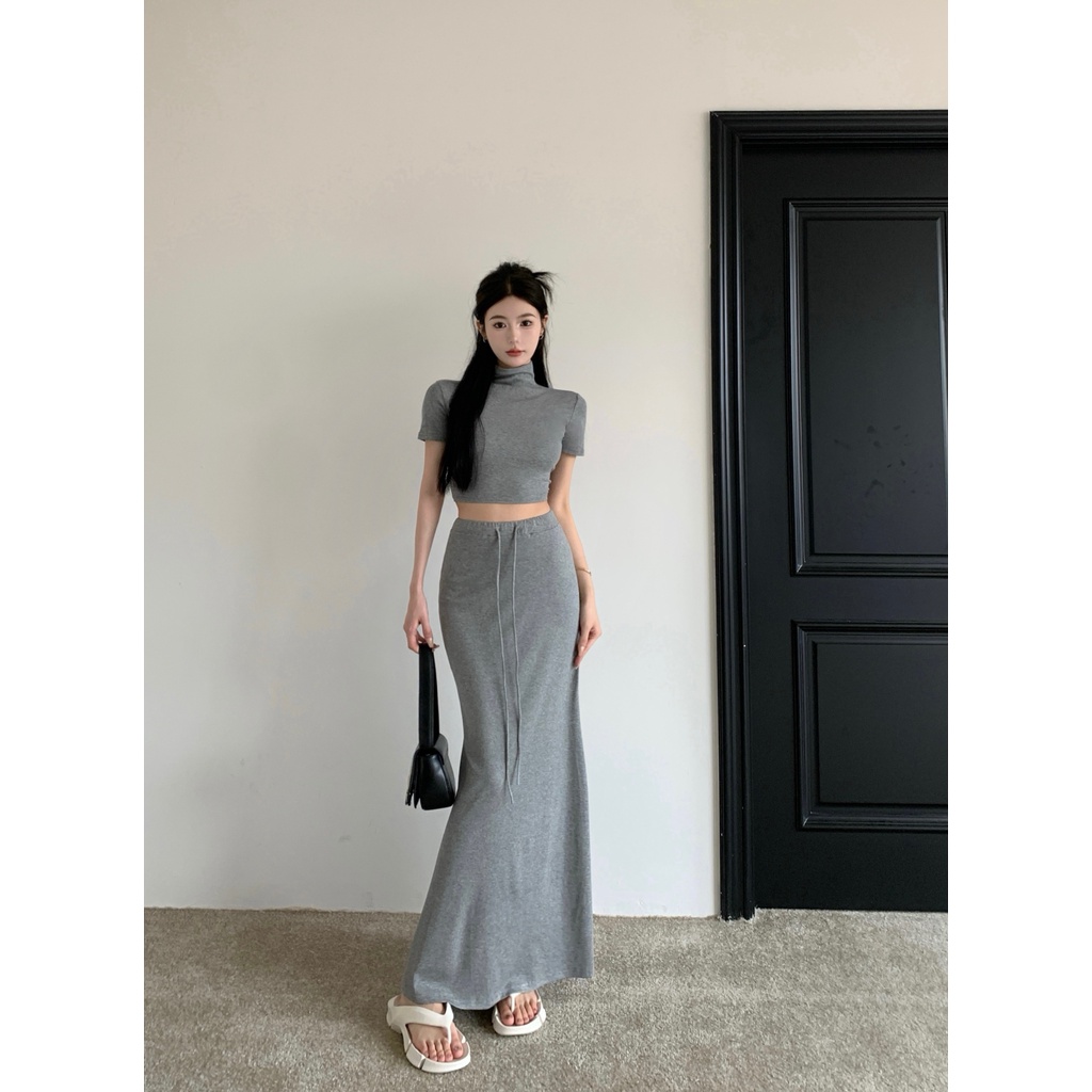 ✖♨¤#COD Suhao retro gaya Hong Kong hitam kerah setengah tinggi lengan pendek T-shirt wanita setelan musim panas rok tas pinggang tinggi rok pinggul set dua potong