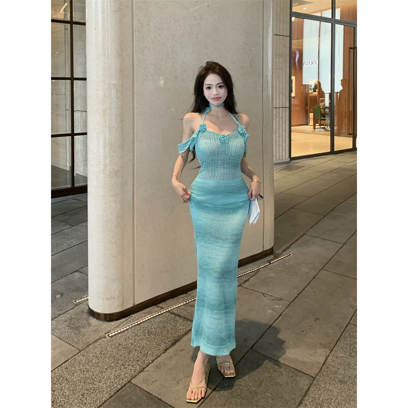 ►✹#COD Suhao Gaun tali leher halter rajutan biru musim panas wanita v-neck rok setengah panjang dengan pinggang dan rok pinggul tas bunga tiga dimensi