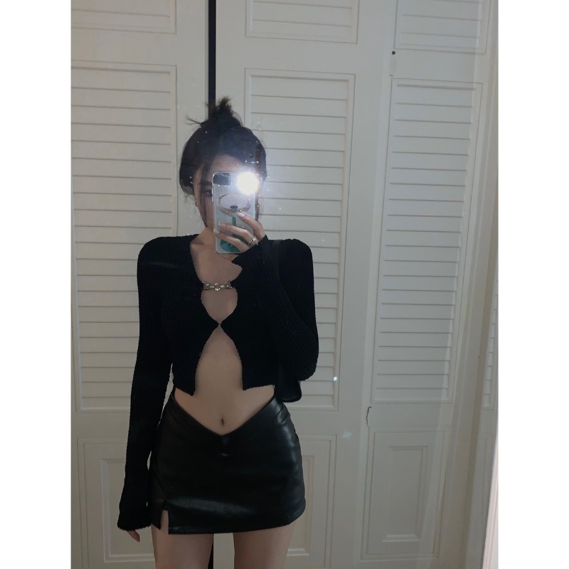 ✶#COD Suhao design sense hot girl rajutan kardigan kecil wanita pakaian luar hitam tipis atasan lengan panjang pendek ramping di musim panas