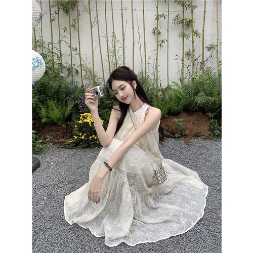 ¤✽#COD Suhao Perancis romantis high-end halter leher gaun perempuan musim panas putih pinggang chiffon rok panjang angin liburan pantai rok