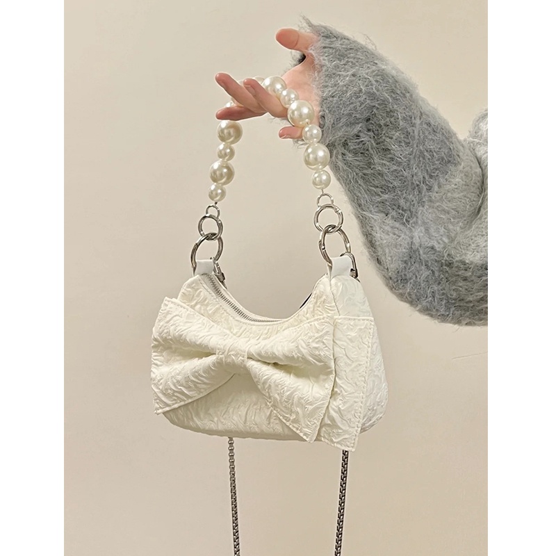 Red 2022 ceruk baru mutiara rantai tangan ketiak tas lipit hot gadis busur satu bahu Messenger tas Baguette tas