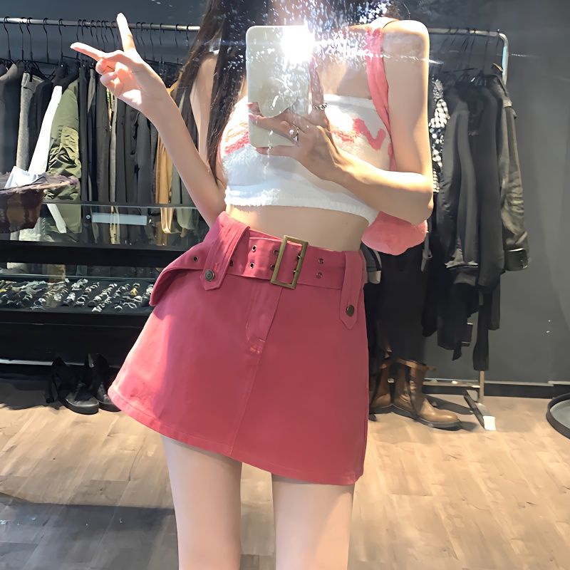 Red Hot girl a-line denim skirt women s summer new pink bag hip skirt anti-light skirt high waist slimming short skirt