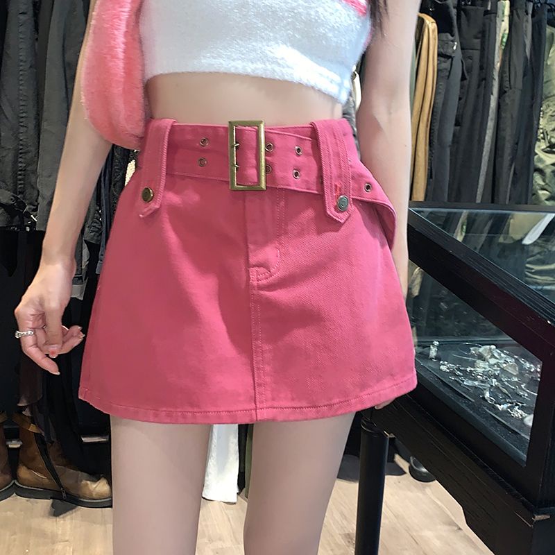 Red Hot girl a-line denim skirt women s summer new pink bag hip skirt anti-light skirt high waist slimming short skirt