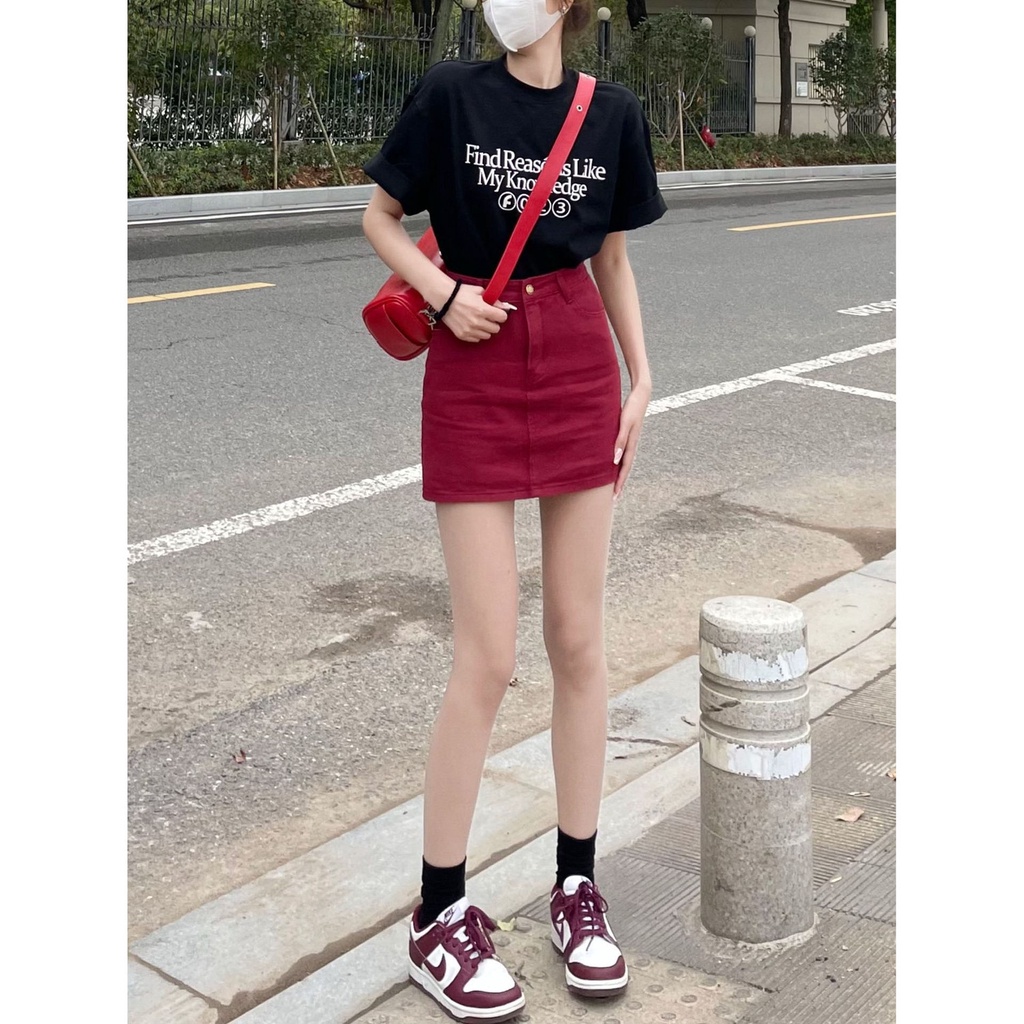 Red Pinggang Tinggi Denim Rok Pendek Wanita Musim Panas Baru Rok A-line Pelangsing All-Match Ukuran Besar Tas Penutup Pinggul Rok Pinggul High Street