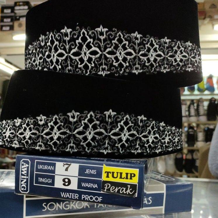 Update Murah Peci Hitam 'AWING' AC motif bordir TULIP PERAK tinggi 9