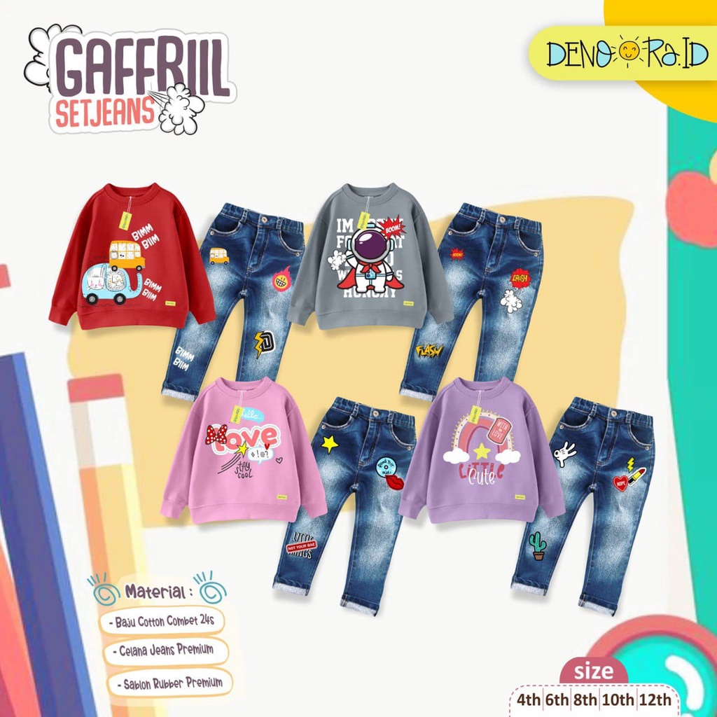Setelan Gaffril Set Jeans By Denora.id, Setelan Jeans Anak Laki dan Perempuan Usia 4-12 Tahun