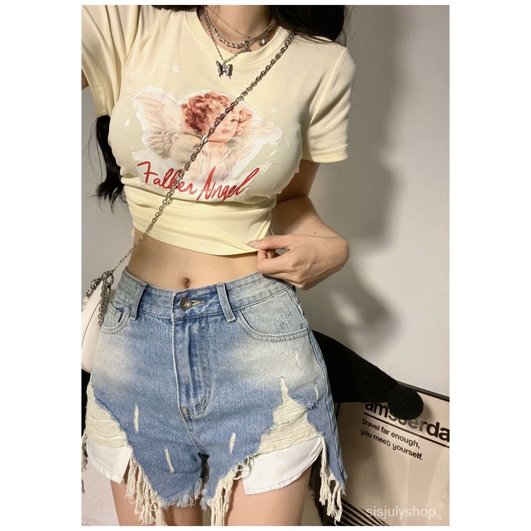 [✅BISA COD] #Sisjuly# Atasan Y2K wanita / kaos lengan pendek leher bulat dasi serut motif kerub / at