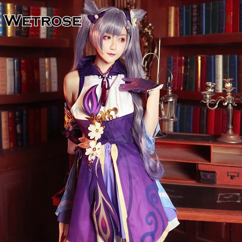 WetroseGenshin Impact Keqing Cosplay Costume Kostum Baju Full Set High Quality, Keqing Wig