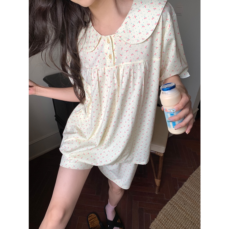 ☇▫✺stelan baju tidur wanita Xinbangbang Homedress summer new cute cherry doll collar pajamas women s suit breathable thin nightdress #COD baju tidur wanita bahan kaos