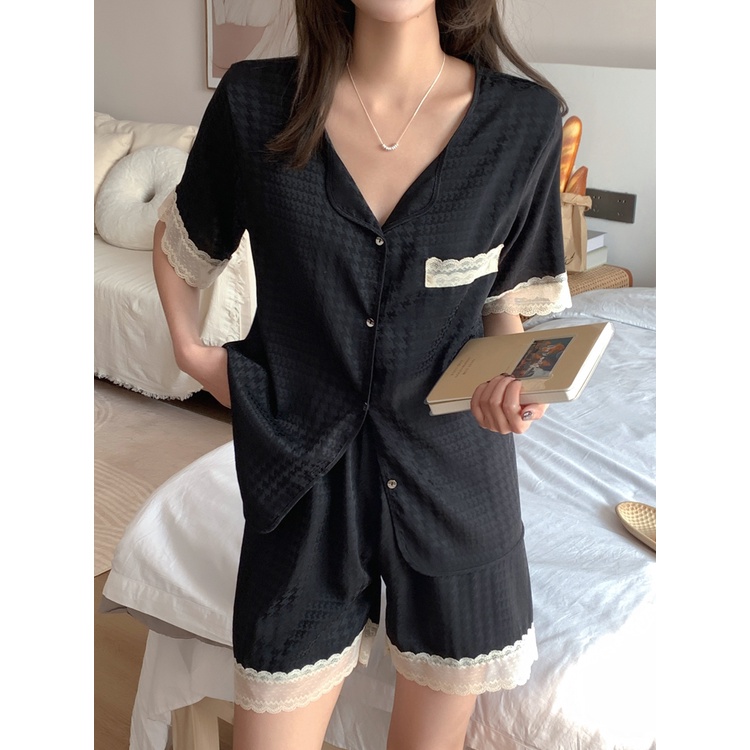 ☞ﺴstelan baju tidur wanita pajamas summer women s ins ice silk thin short-sleeved suit new black houndstooth high-quality lace home clothes #COD baju tidur wanita bahan kaos