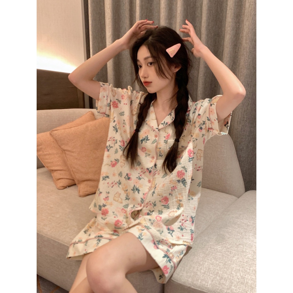 ❦∈stelan baju tidur wanita pajamas summer women s pure cotton yarn cute small fresh floral rabbit ins style student short-sleeved home service suit #COD baju tidur wanita bahan kaos