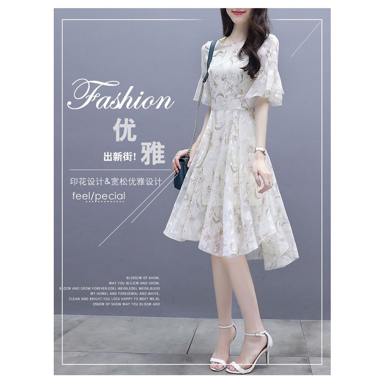 Dress Wanita Musim Panas2022Gaun Floral Sifon Ketat Pinggang Super Peri Kecil midi dress korea dress