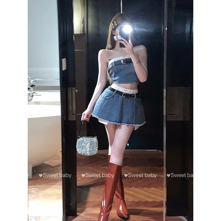 ♧∏Suhao hot girl tooling style tube top rompi kecil wanita pakaian luar musim panas rasa desain ceruk buka kembali short denim wrap chest top crop top sexy tank top wanita motif