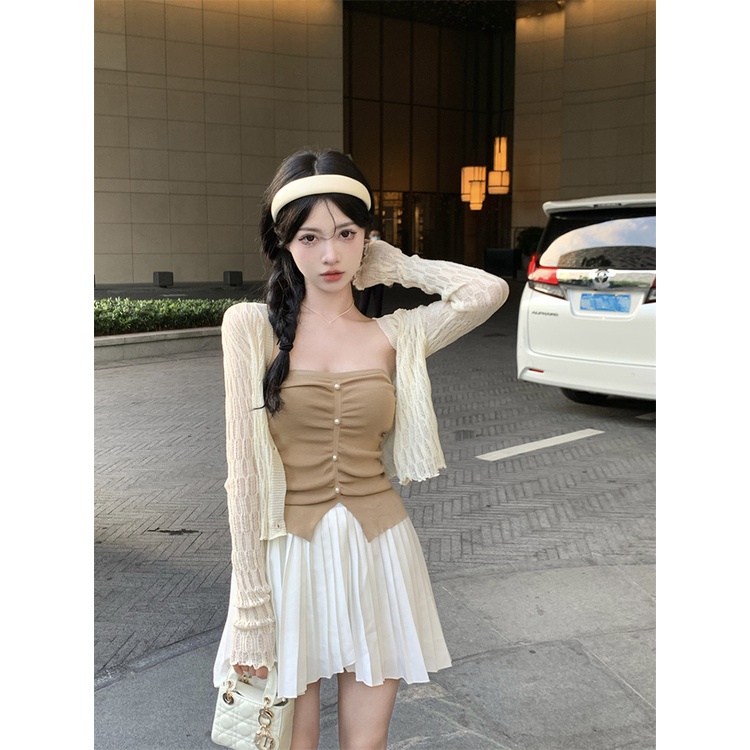 ◄Suhao tipis rajutan cardigan kecil wanita musim panas sisi jamur lembut desain ceruk top slim fit jaket perlindungan matahari pendek crop top sexy tank top wanita motif