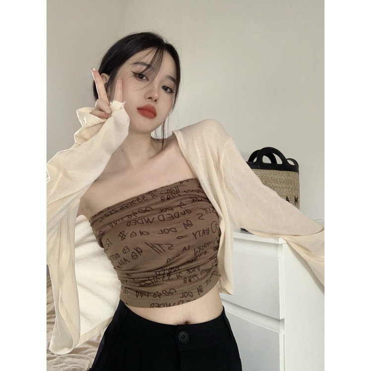 ☃❈✲Suhao hot girl lengan panjang rajutan cardigan wanita musim panas putih bagian tipis tabir surya longgar pendek mantel selendang dengan crop top sexy tank top wanita motif