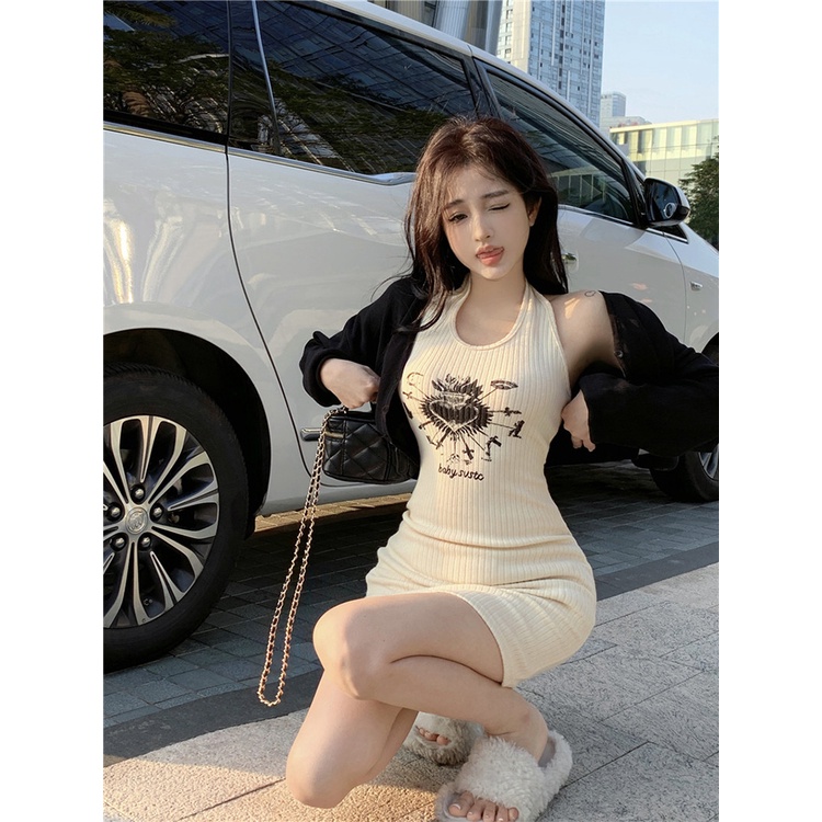 ☾▲❐Suhao Babes Dicetak Halter Leher Gaun Wanita Musim Panas 2023 Baru Keinginan Murni Rok Halter Pinggang Belakang Slim Paket Hip Rok crop Top Sexy Tank Top Wanita Motif