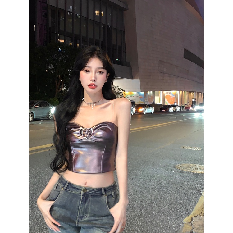 ☃Suhao Pure Desire Kamisol Seksi Pakaian Wanita Musim Panas Spice Girls Chic Halter Ketat Pendek Bagian Atas Memakai Crop Top Seksi tank Top Wanita Motif