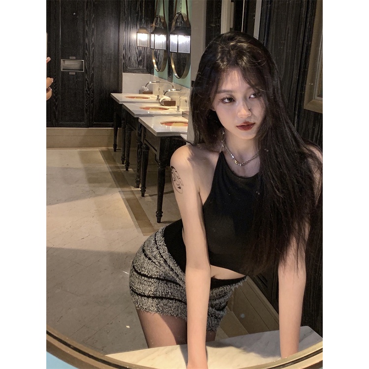 ☒Suhao Pure Desire Hot Girls Sexy Chain Halter Camisole Wanita Musim Panas Tanpa Lengan Backless Outer Wear Atasan Crop Top Sexy Tank Top Wanita Motif