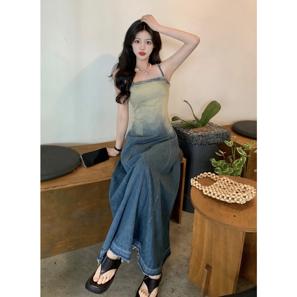 Red dreesGradien suspender rok denim dress wanita musim panas pinggang retro pelangsing rok A-line rok panjang