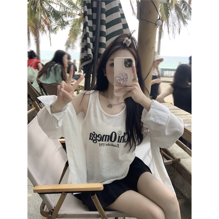 Red Jas angin malas wanita bagian tipis tabir surya jaket kemeja biru surat musim panas tanpa lengan rompi pasang dua potong kasual