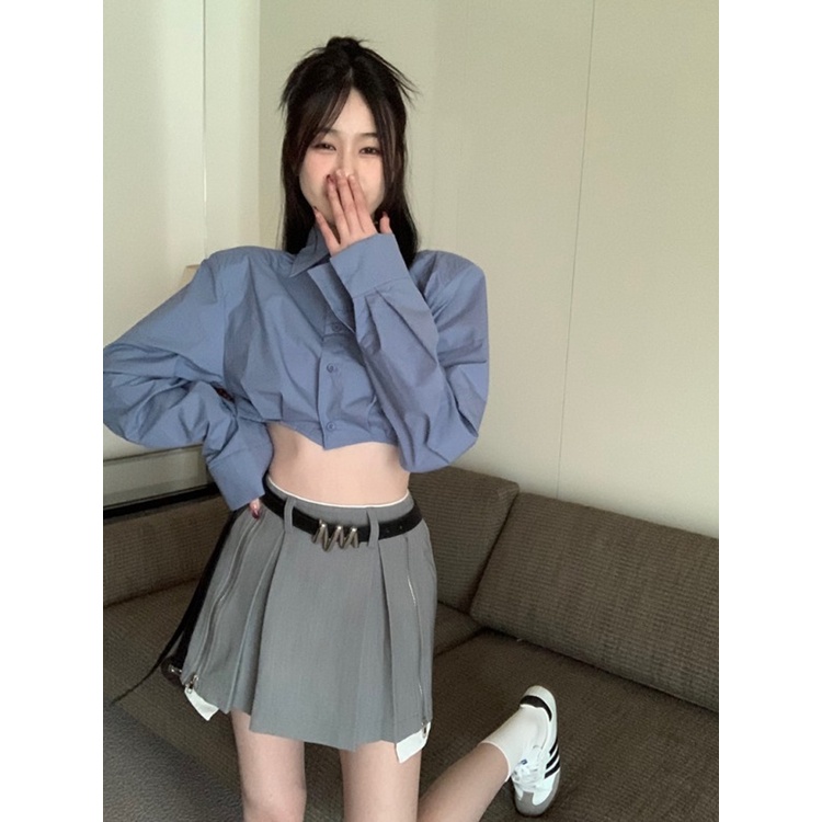 Red Salt Wear Suit Wanita Manis Gadis Panas Pendek Kemeja Lengan Panjang Musim Semi Rok Pinggang Tinggi Set Dua Potong