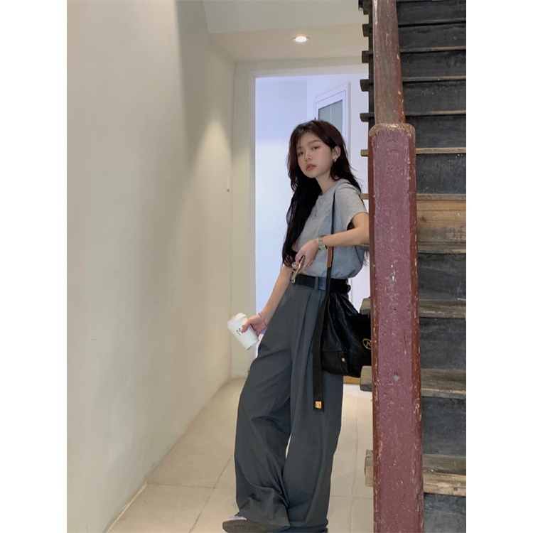 Red Fashion Suit Abu-abu Lengan Pendek T-shirt Top Musim Panas Wanita Tinggi Pinggang Menggantungkan Celana Perapi Celana Two-Piece set