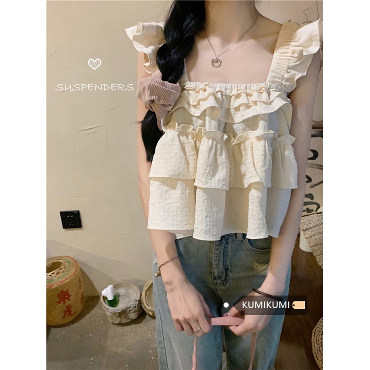 Red French sweet ruffled camisole women s summer niche design sense outer wear small flying sleeve top trendy