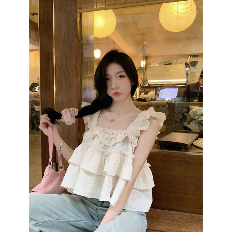 Red French sweet ruffled camisole women s summer niche design sense outer wear small flying sleeve top trendy