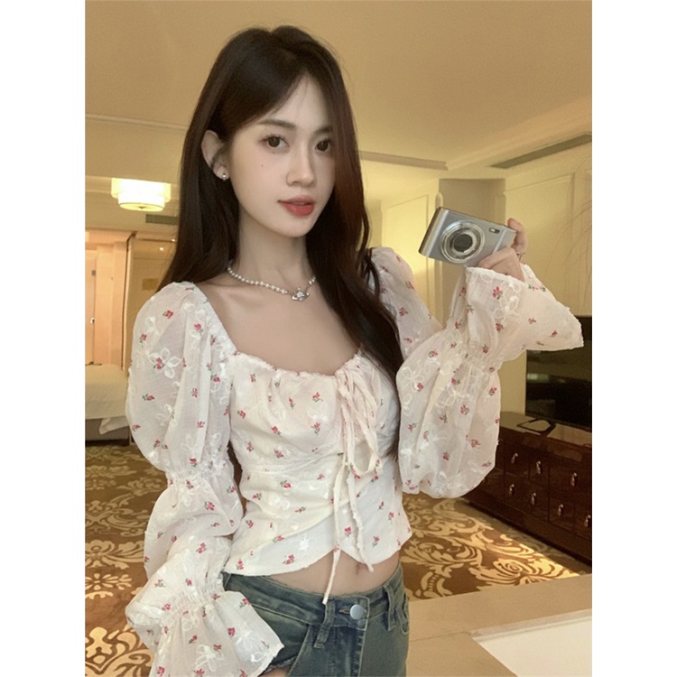 Red French sweet square collar shirt puff sleeve long-sleeve shirt women s summer design sense tie short small floral top