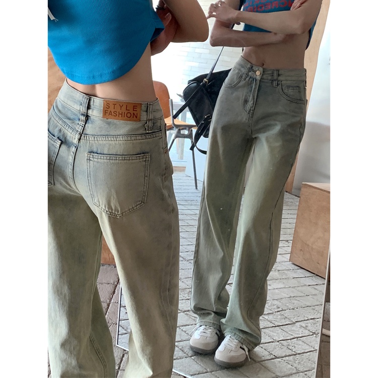 Red Dicuci jeans kecil wanita celana lebar kaki longgar celana musim panas berpinggang tinggi celana lurus celana ramping pasang