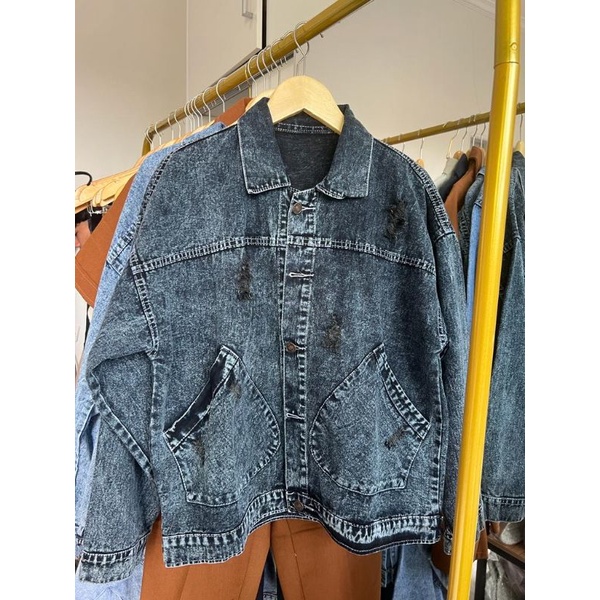 JAKET JEANS WANITA OVERSIZE kantong balon SNOW BLACK