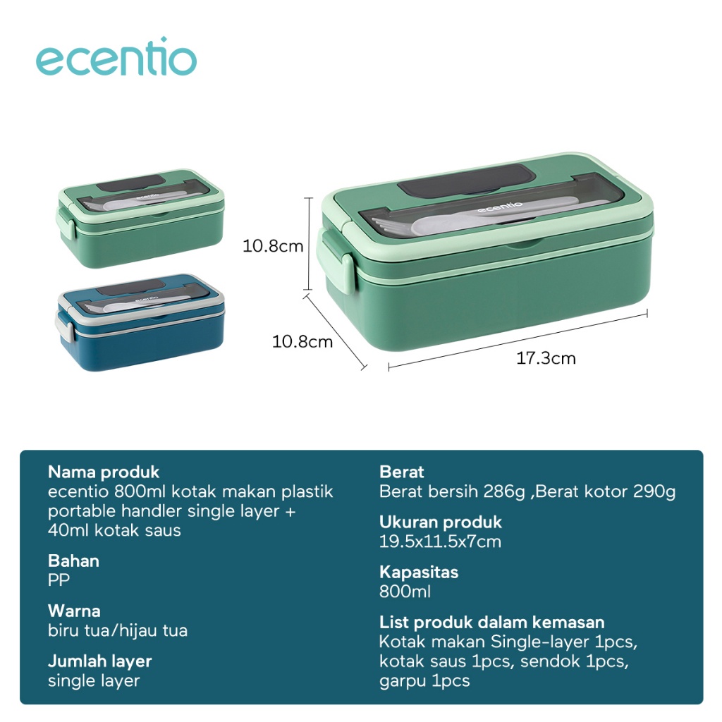 ecentio Kotak tempat makan single susun 800ml dan 40ml sauce 40ml Sauce Cup Sendok set container microwavable/lunch box single Layer/BPA free/Free Sendok