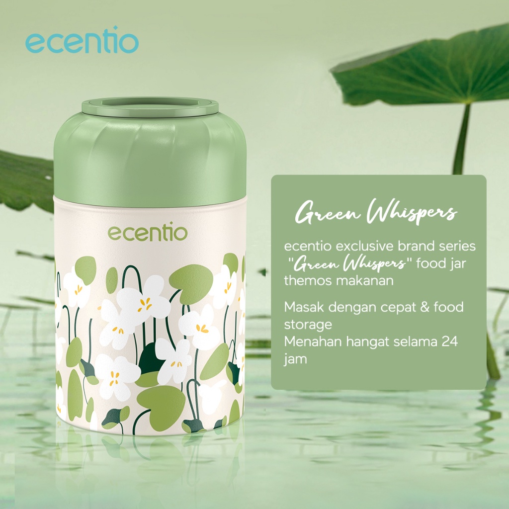 ecentio termos air panas anti tumpah portable TAHAN 24hrs 500ml food jar Termos Makanan dan Sendok lipat berbahan stainless Green Wispers seri