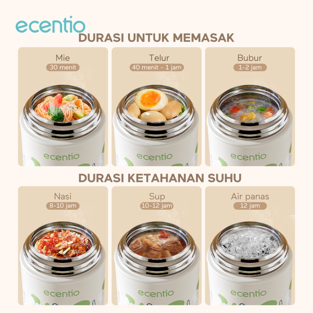 ecentio termos air panas anti tumpah portable TAHAN 24hrs 500ml food jar Termos Makanan dan Sendok lipat berbahan stainless Green Wispers seri