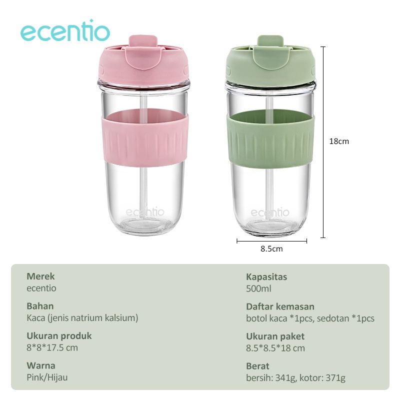 ecentio botol minum anak sedotan kaca 500ml korean/tumbler minum portable/Tempat Minum Gelas Pink/Hijau/cangkir kopi