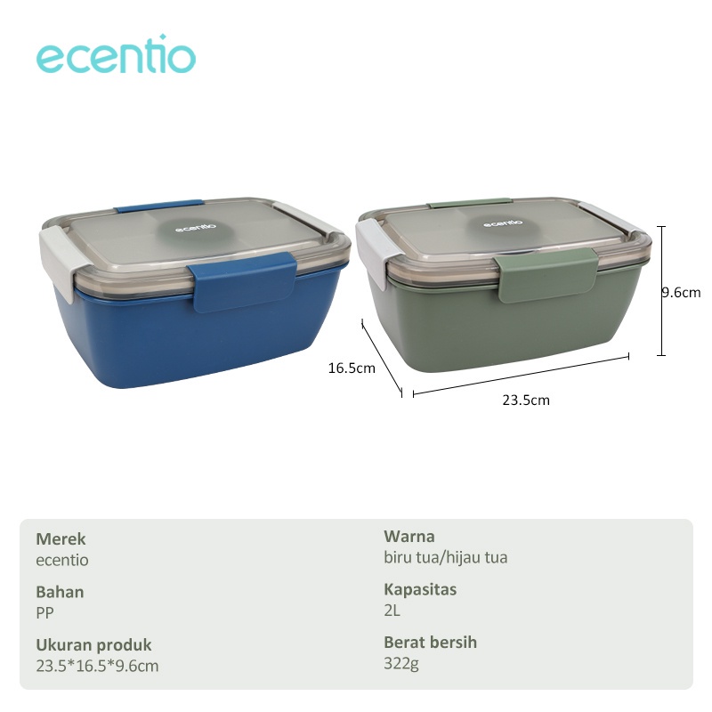 ecentio lunch box 2000ml Double layer Kotak Tempat Makan kotak makan sendok set biru tua/hijau tua