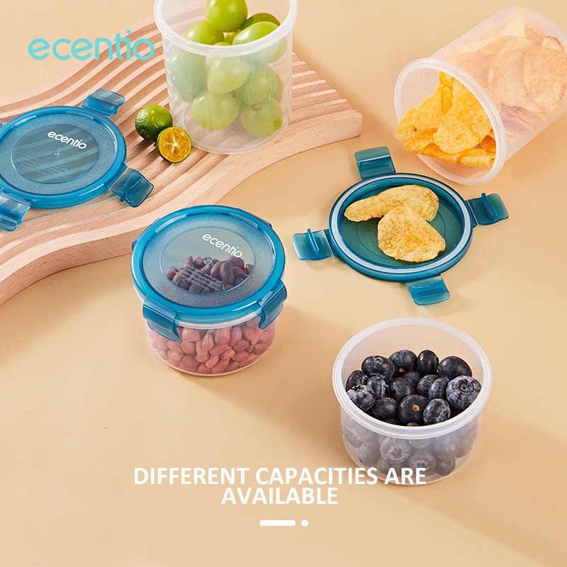 ecentio organizer box toples food container box 300/500ml 2pcs biru plastik Kulkas Refrigerator sealware Penyimpanan Makanan mpasi Bayi round transparent