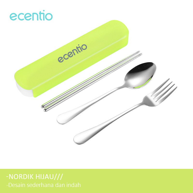 ecentio Stainless Steel Set Alat Makan 3 in 1 Sendok&amp;Garpu&amp;Sumpit Dengan Kotak Berbahan/Spoon Fork