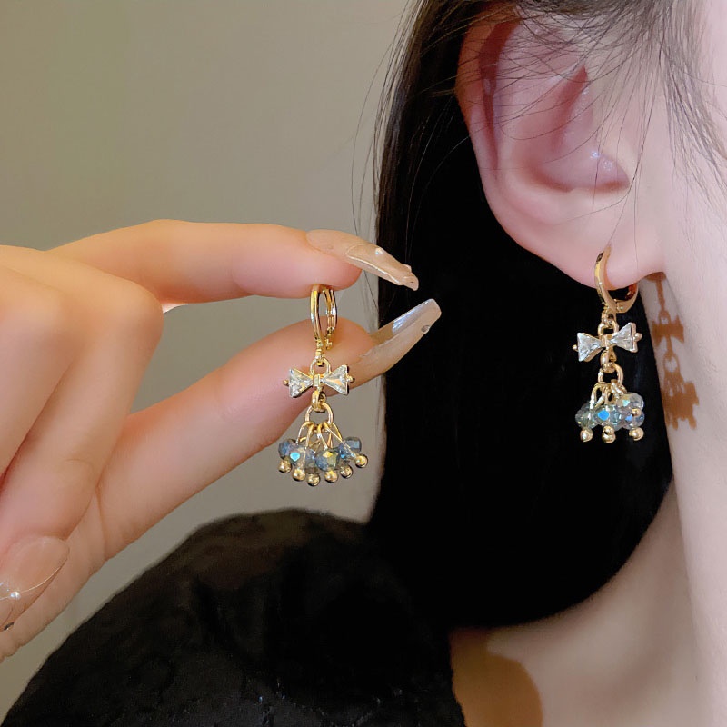 Mode Baru Retro Busur Anting925 Perak Jarum Warna-Warni Kristal Liontin Anting